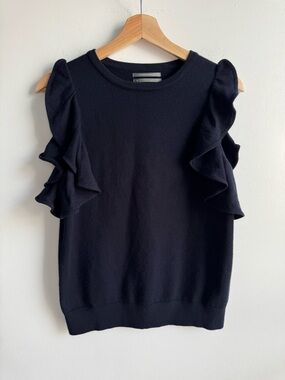 Anthropologie Navy Ruffle Sweater Knit Short Sleeve Top